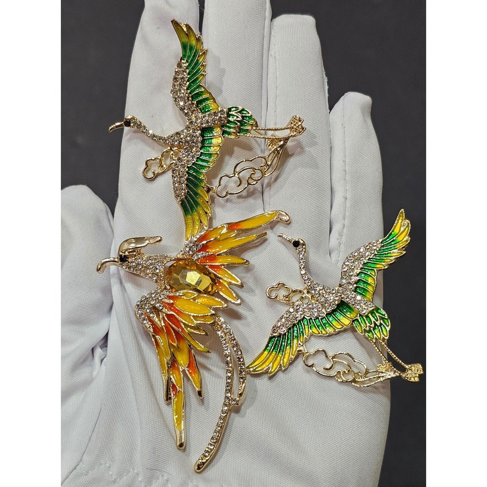 Enamel Rhinestone Bird Brooch Set Grern Orange Gold Phoenix Crane  Statement